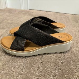 Women’s black slip on sandals.